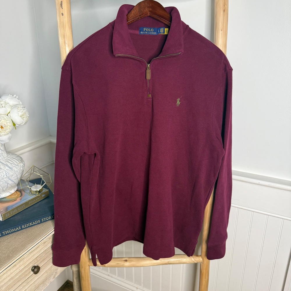 Polo Ralph Lauren Mens Burgundy Cotton Quarter Zip Pullover Sweater Large